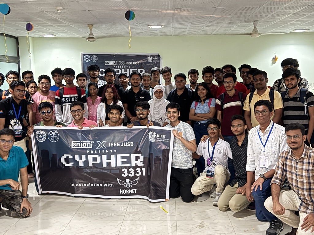 Participants and organisers at Cypher 3331 during Srijan 2025 at Jadavpur University